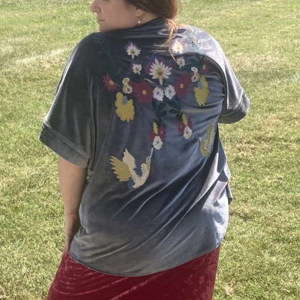 Silver Cardigan Shawl Cover Up Bird Embroidery